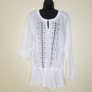 prana Women's White Cottagecore Cinch Neck & Waist Tab Sleeve Embroidered XL